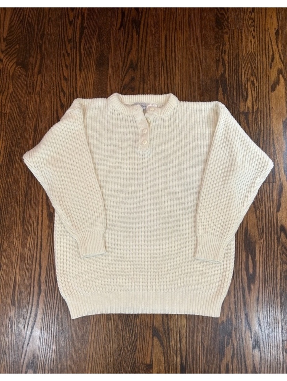 Vintage Cream Chunky waffle Knit Henley Sweater Large Boxy